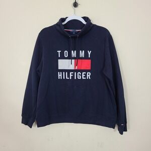 Tommy Hilfiger Hoodie Sweatshirt Womens L Navy Blue Y2K Spell Out Colorblock Red